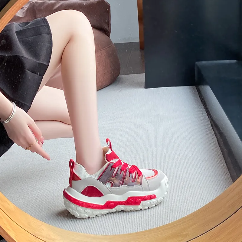 WENPU Breathable Lightweight Height Increasing Low Top Chunky Sneakers Women's-2