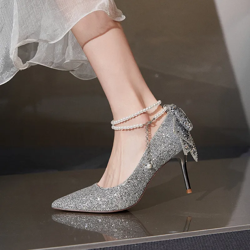 AGSDON Slim Heel High Heels 8.5cm Women's Silver-3
