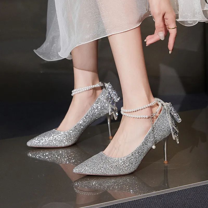 AGSDON Slim Heel High Heels 8.5cm Women's Silver-7