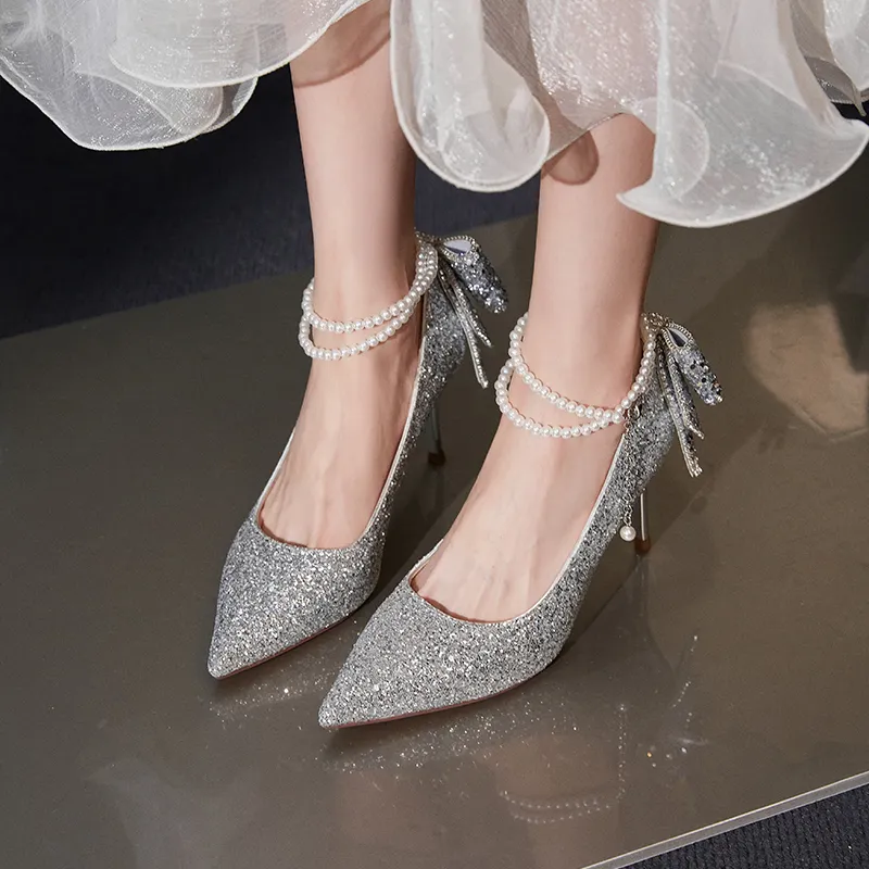 AGSDON Slim Heel High Heels 8.5cm Women's Silver-4