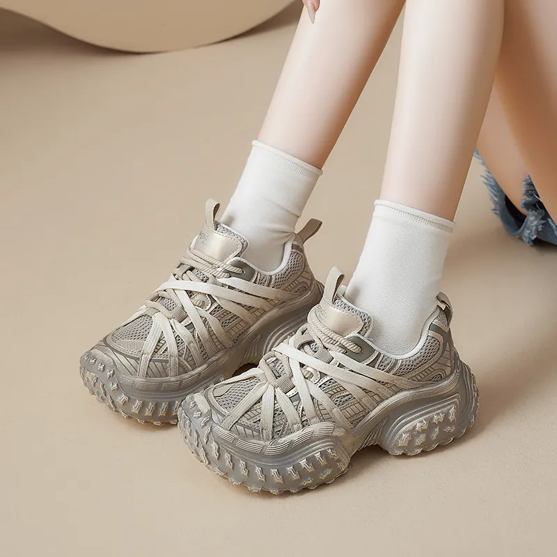 AGSDON Cushioned Slip Resistant Low Top Chunky Sneakers Women's Beige-3