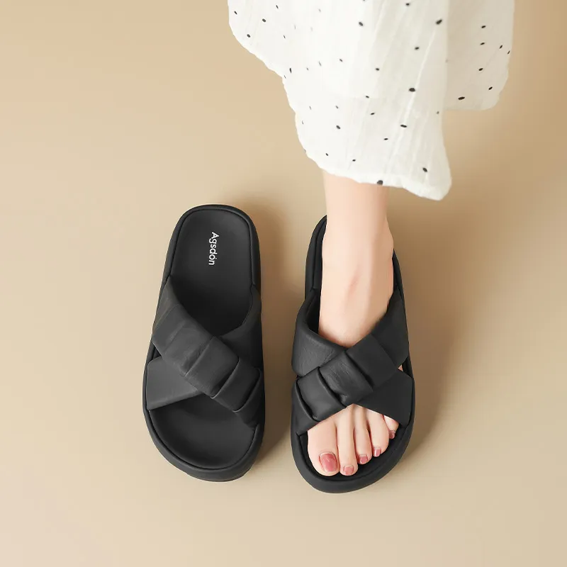 AGSDON Slide Slippers Women's Beige/Black/Yellow-19