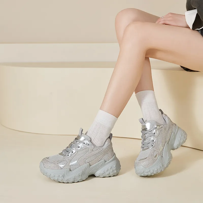 AGSDON Cushioned Slip Resistant Low Top Chunky Sneakers Women's Beige-23