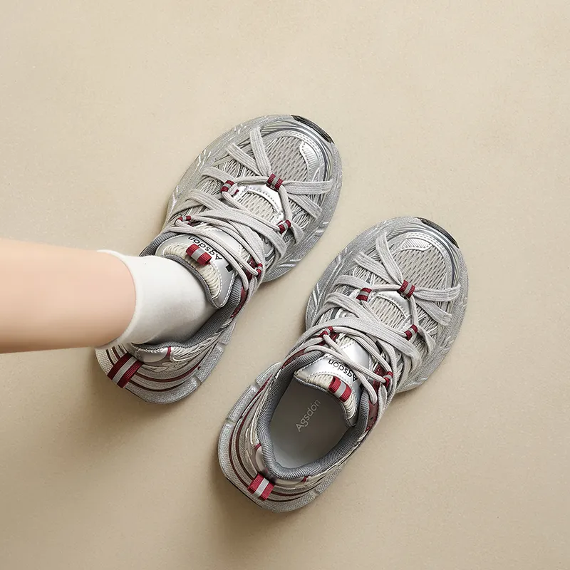 AGSDON Cushioned Slip Resistant Low Top Chunky Sneakers Women's Beige-18