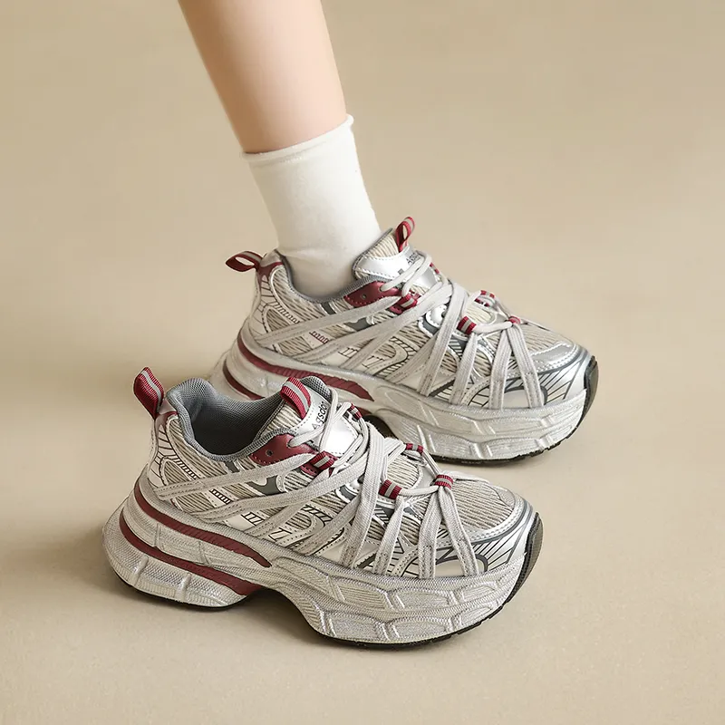 AGSDON Cushioned Slip Resistant Low Top Chunky Sneakers Women's Beige-17