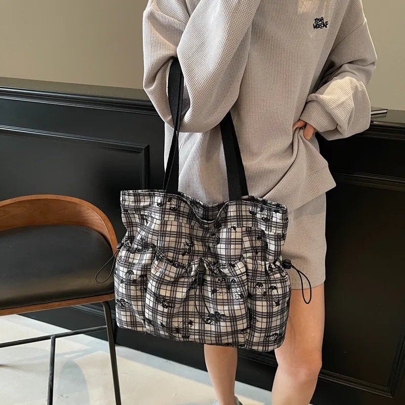Worm's Home Nylon Tote Bag, Shoulder Bag Women's Gray/White/Black-12
