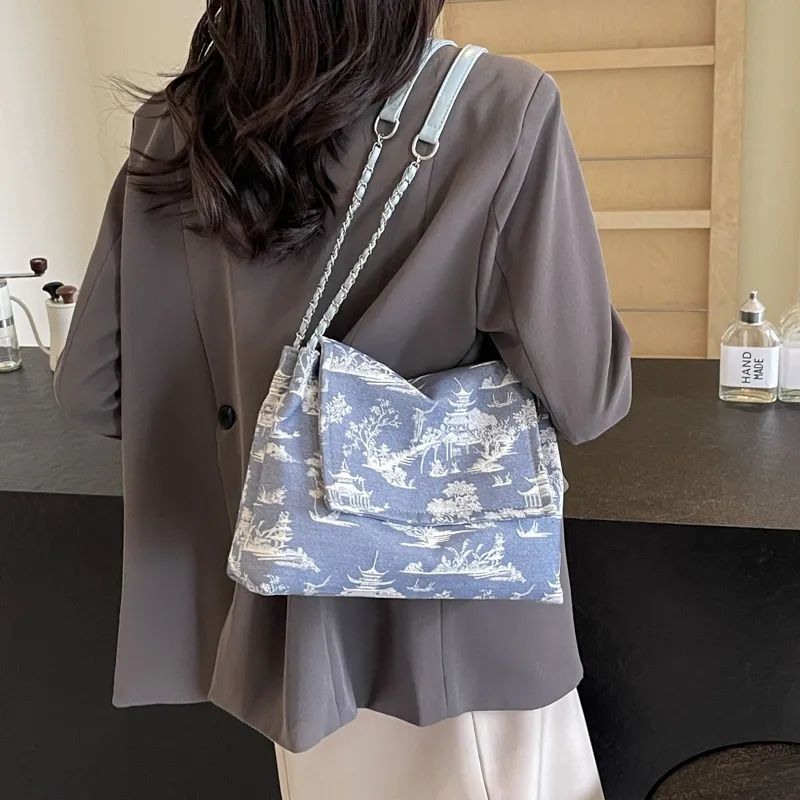 Worm's Home Canvas Handbag, Shoulder Bag Regular Women's Leopard Print/White/Blue-7