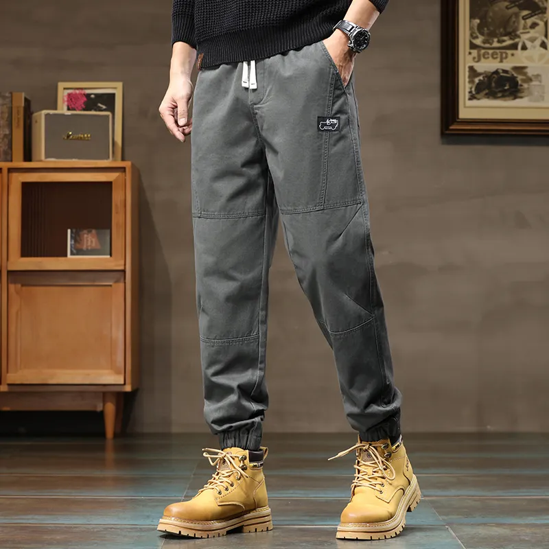 Jeep Loose Fit Elastic Cuff Solid Color Trendy Youth Tie Up Elastic Waistband Ankle Length Pants Men's-15
