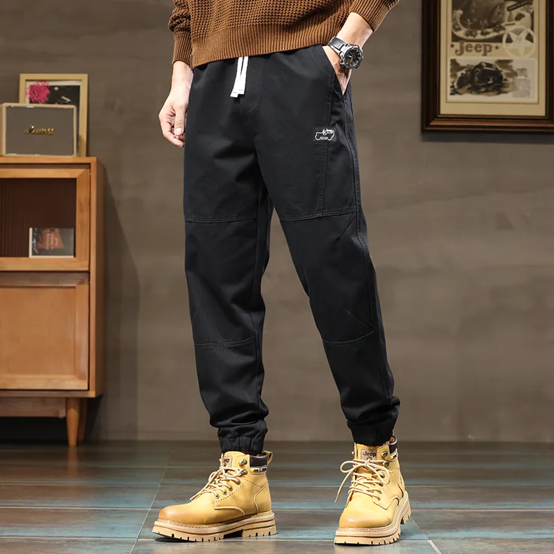 Jeep Loose Fit Elastic Cuff Solid Color Trendy Youth Tie Up Elastic Waistband Ankle Length Pants Men's-9
