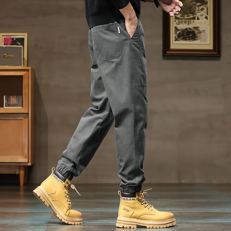 Jeep Loose Fit Elastic Cuff Solid Color Trendy Youth Tie Up Elastic Waistband Ankle Length Pants Men's-16