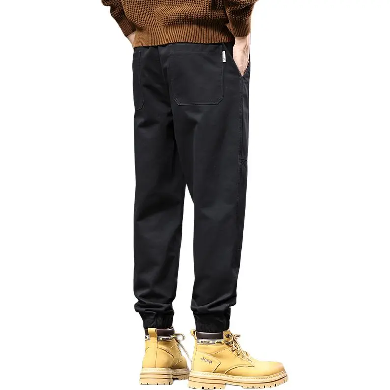 Jeep Loose Fit Elastic Cuff Solid Color Trendy Youth Tie Up Elastic Waistband Ankle Length Pants Men's-7