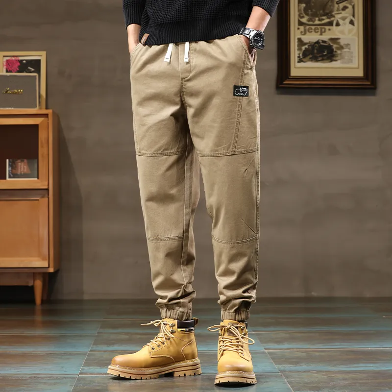 Jeep Loose Fit Elastic Cuff Solid Color Trendy Youth Tie Up Elastic Waistband Ankle Length Pants Men's-20