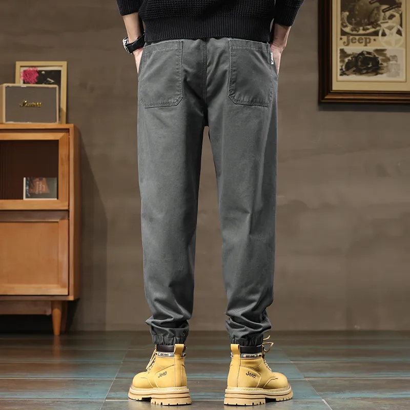 Jeep Loose Fit Elastic Cuff Solid Color Trendy Youth Tie Up Elastic Waistband Ankle Length Pants Men's-17