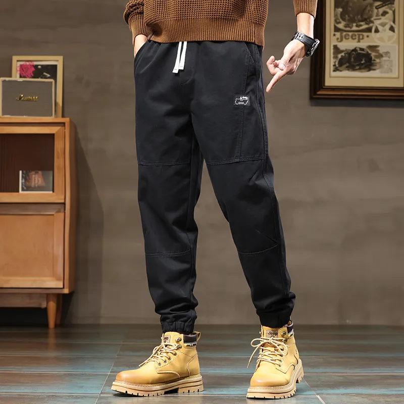 Jeep Loose Fit Elastic Cuff Solid Color Trendy Youth Tie Up Elastic Waistband Ankle Length Pants Men's-10