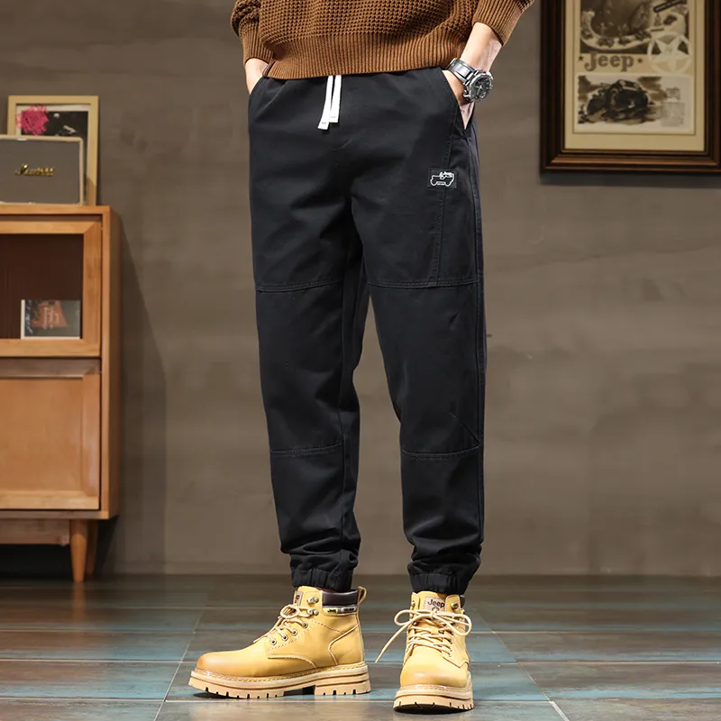 Jeep Loose Fit Elastic Cuff Solid Color Trendy Youth Tie Up Elastic Waistband Ankle Length Pants Men's-8