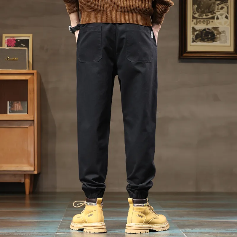 Jeep Loose Fit Elastic Cuff Solid Color Trendy Youth Tie Up Elastic Waistband Ankle Length Pants Men's-11