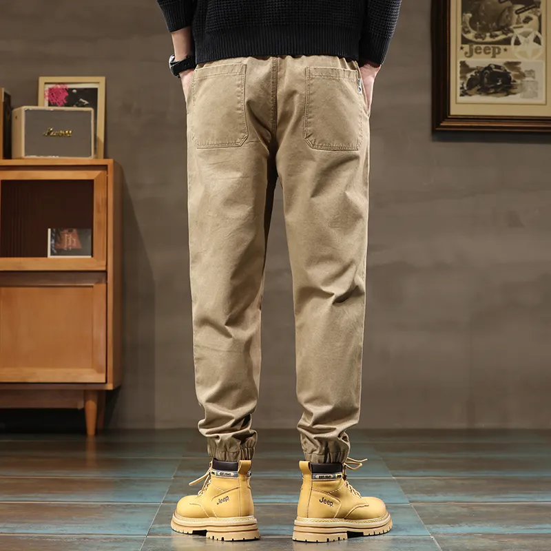 Jeep Loose Fit Elastic Cuff Solid Color Trendy Youth Tie Up Elastic Waistband Ankle Length Pants Men's-23