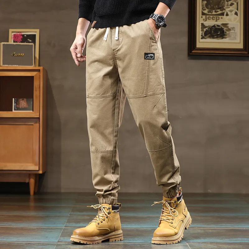 Jeep Loose Fit Elastic Cuff Solid Color Trendy Youth Tie Up Elastic Waistband Ankle Length Pants Men's-21