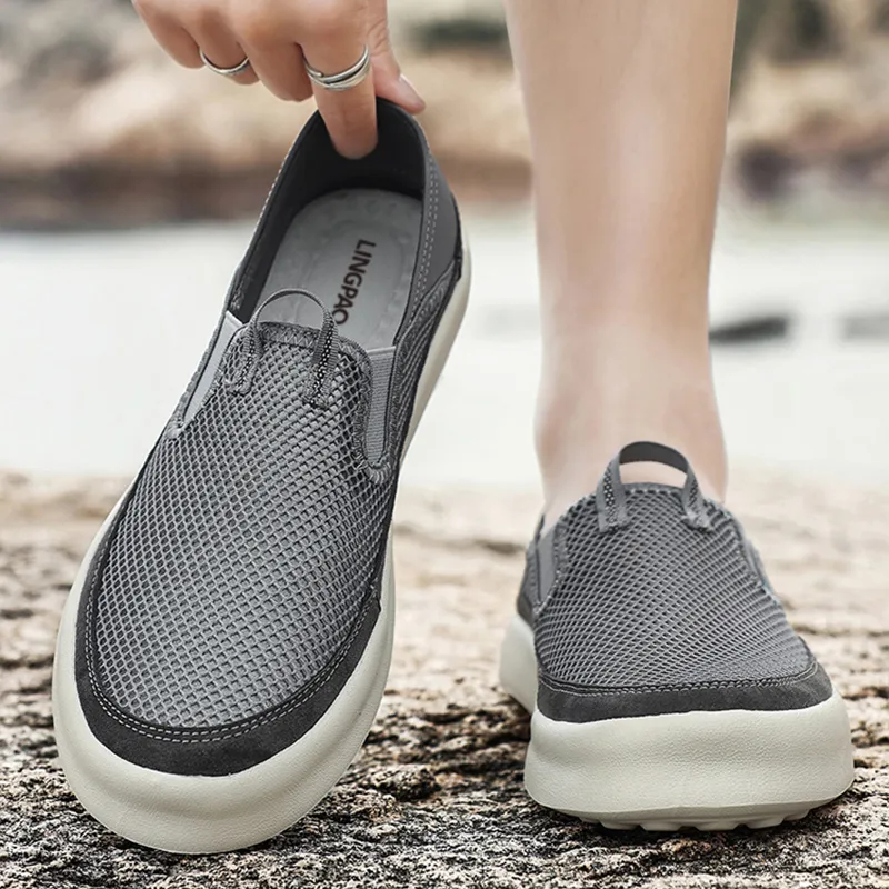 LINGPAO Casual Shoes Men Low Top Sand/Black/Gray-12
