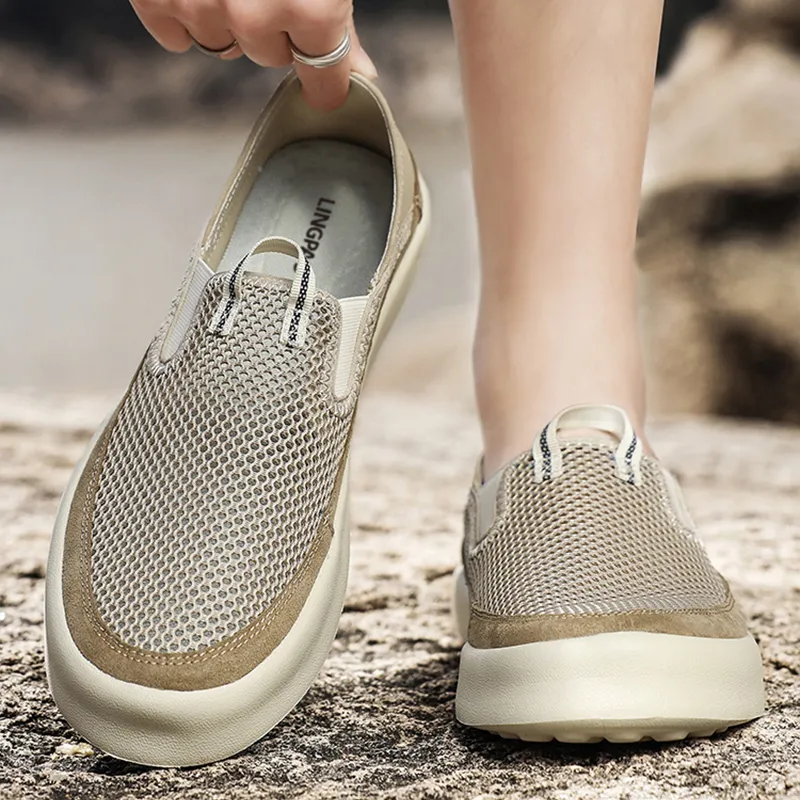 LINGPAO Casual Shoes Men Low Top Sand/Black/Gray-2