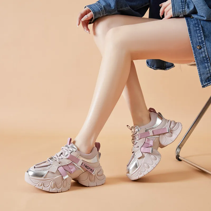 LINGPAO Lightweight Height Increasing Wear-Resistant Low-Top Chunky Sneakers Women's Purple-11