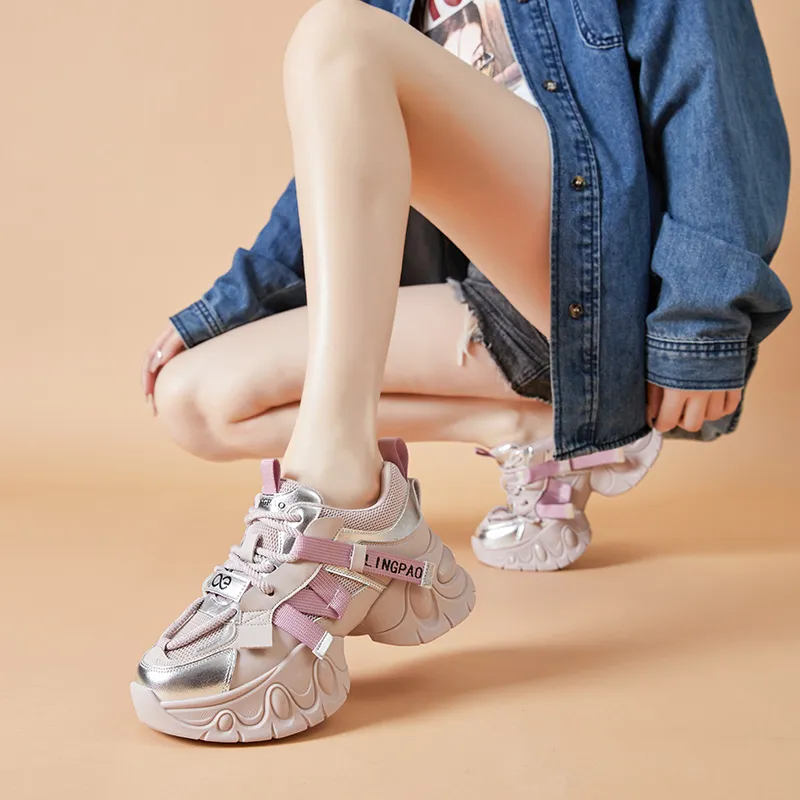 LINGPAO Lightweight Height Increasing Wear-Resistant Low-Top Chunky Sneakers Women's Purple-9