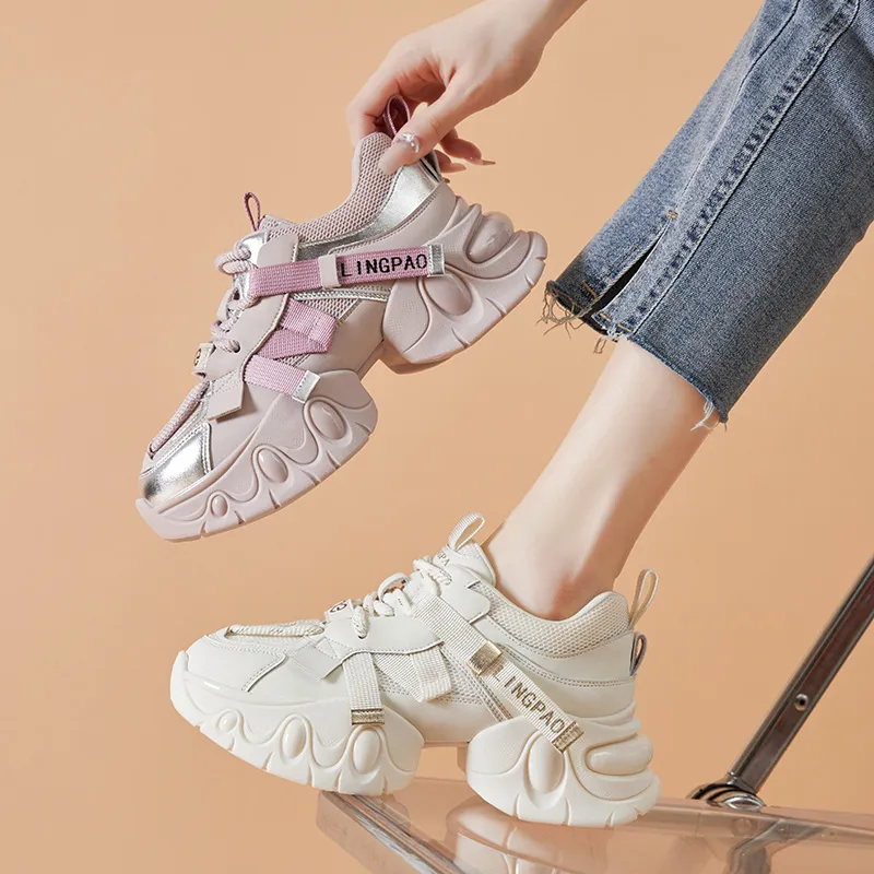 LINGPAO Lightweight Height Increasing Wear-Resistant Low-Top Chunky Sneakers Women's Purple-4