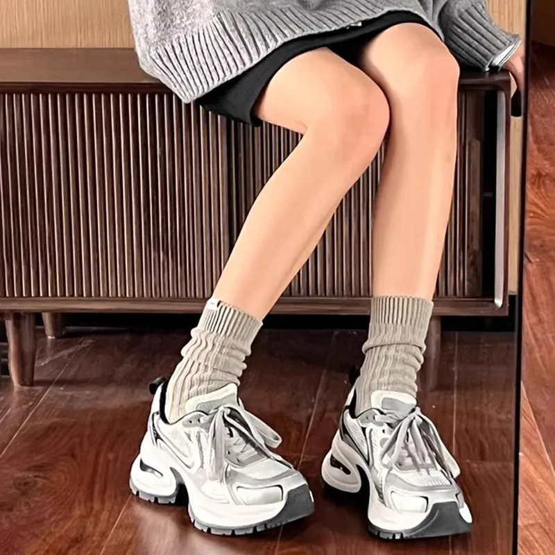 BENZI Anti Slip Wear Resistant Breathable Lightweight Height Increasing Low Top Chunky Sneakers Women's Silver Gray-2
