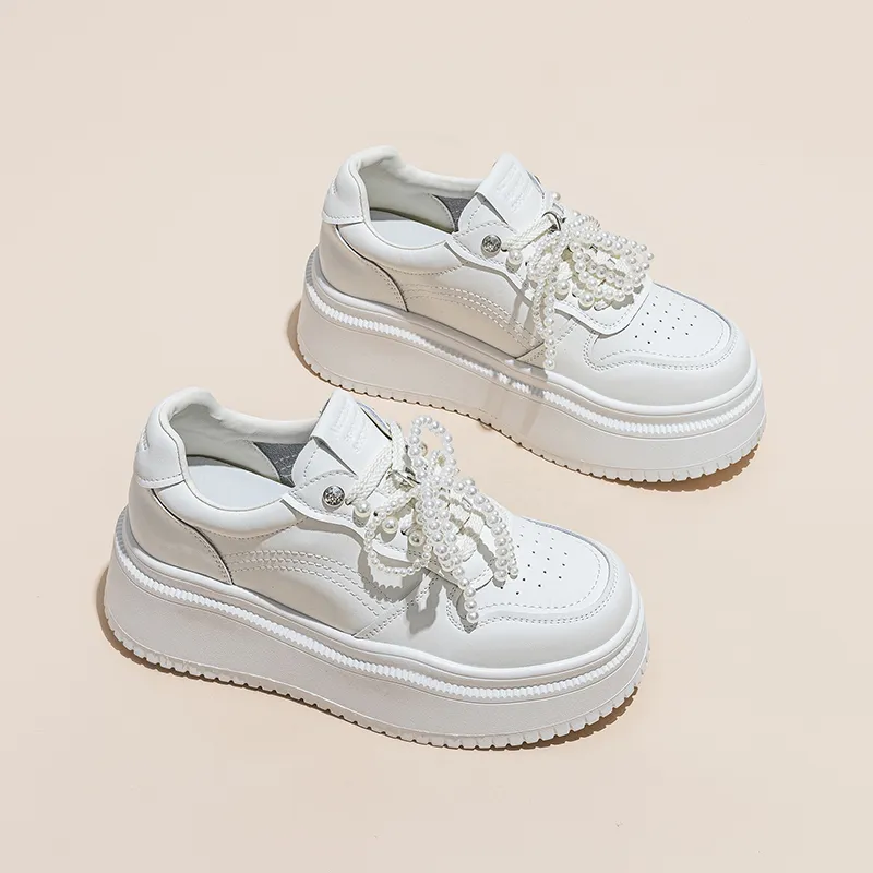 BENZI Lightweight Breathable Height Increasing Low Top Skateboard Shoes Women's White-2