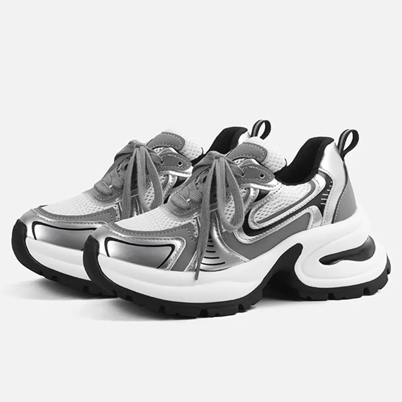 BENZI Anti Slip Wear Resistant Breathable Lightweight Height Increasing Low Top Chunky Sneakers Women's Silver Gray-1
