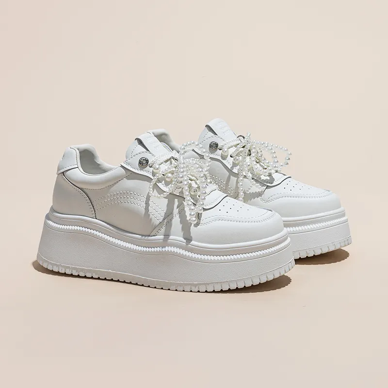 BENZI Lightweight Breathable Height Increasing Low Top Skateboard Shoes Women's White-3