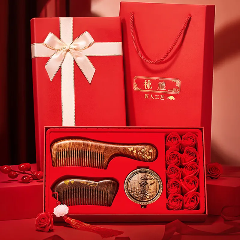 ANTINOB Tan Yun Double Comb With Floral Design Sandalwood Comb Portable-2