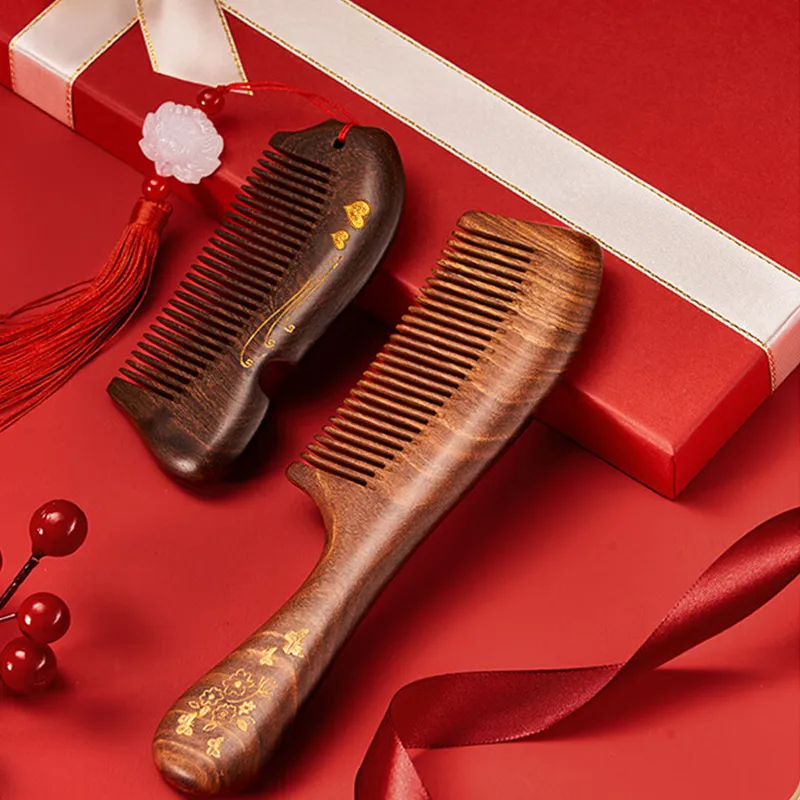 ANTINOB Tan Yun Double Comb With Floral Design Sandalwood Comb Portable-4