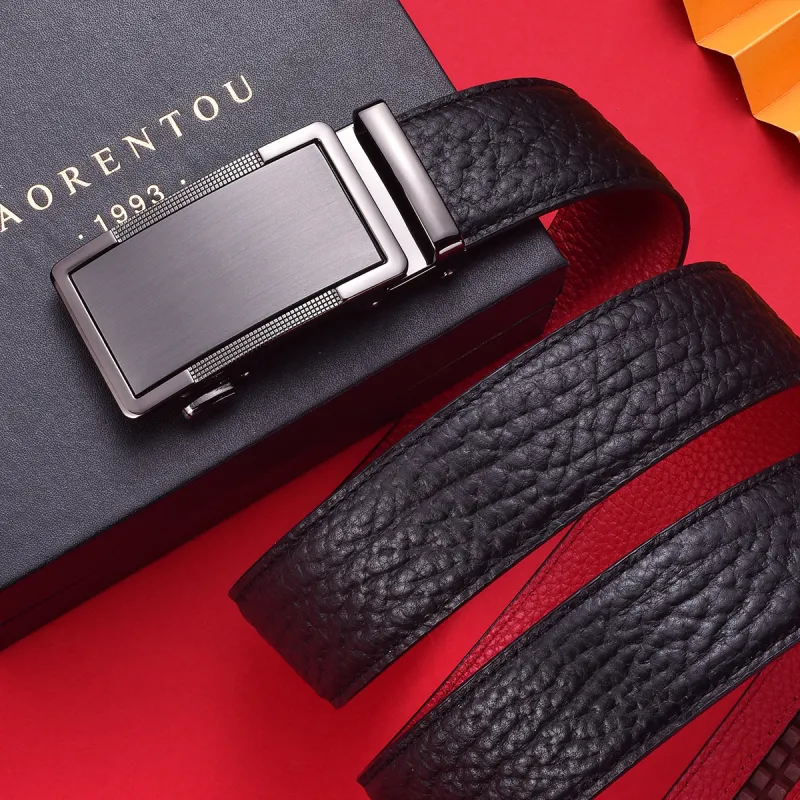 Old Man's Head Top Grain Cow Leather Leather Belts Men's Black On The Outside Red On The Inside Width  3.5cm-4