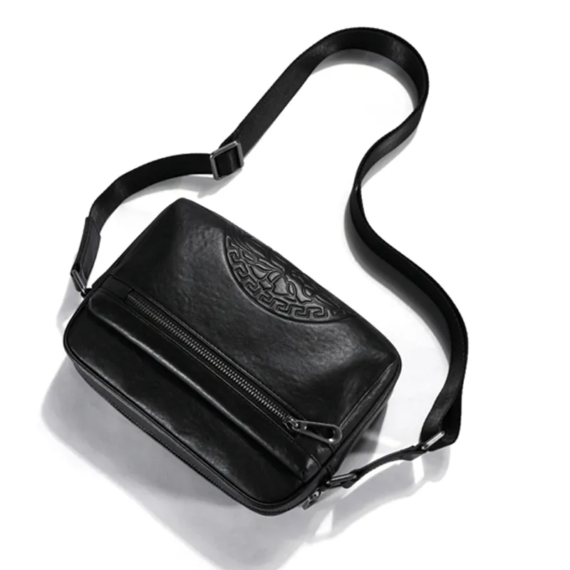 Old Man's Head Cow Leather Small Backpack, Shoulder Bag, Crossbody Bag Men's Black-2
