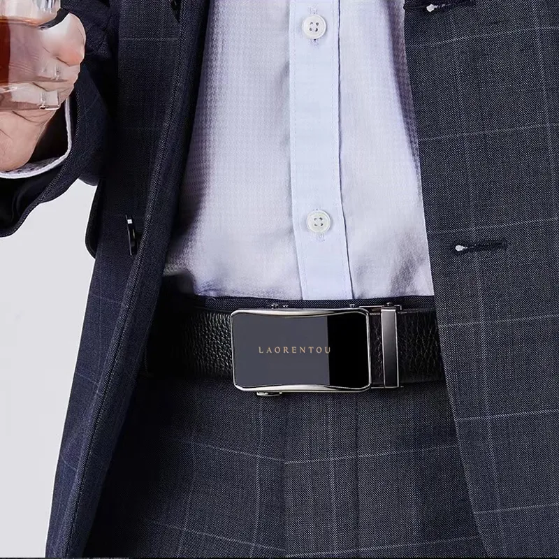 Old Man's Head Mirror Finish Buckle With Textured Automatic Closure Top Grain Cow Leather Leather Belts Men's Black-2