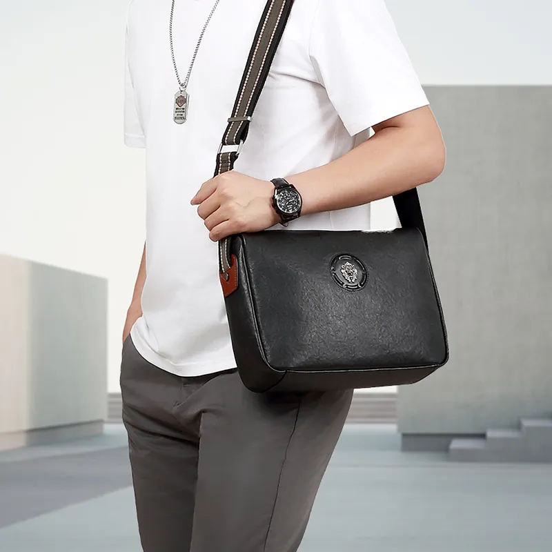 Old Man's Head Top Grain Cow Leather Shoulder Bag, Crossbody Bag Regular Men's Black-6