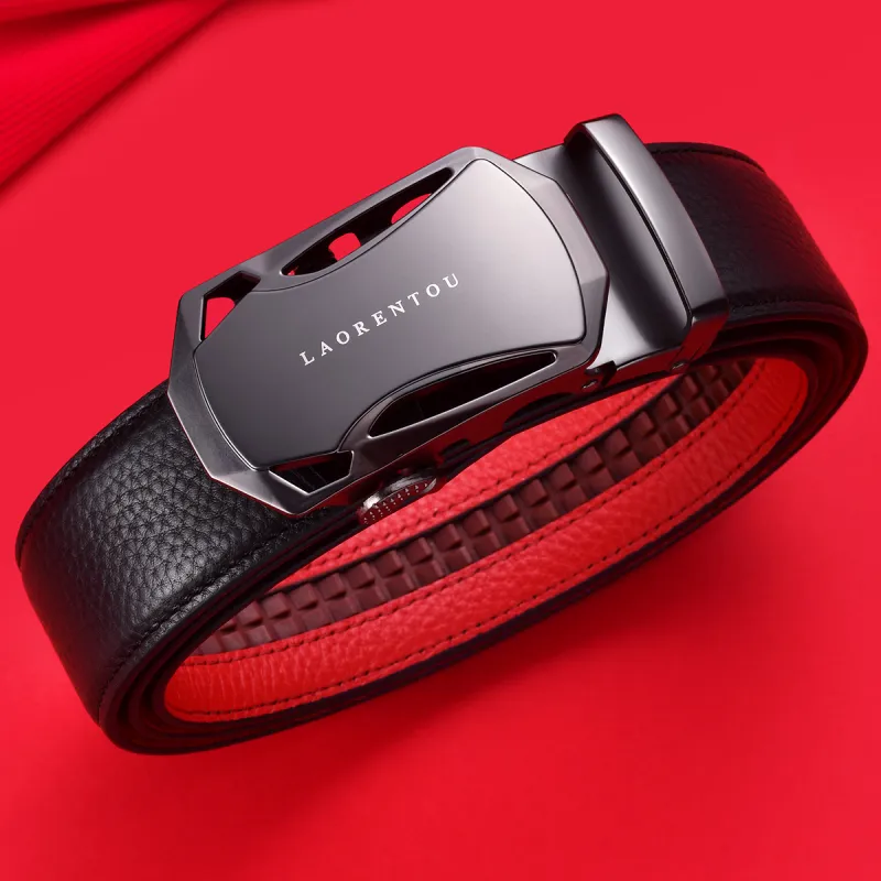 Old Man's Head Top Grain Cow Leather Leather Belts Men's Black On The Outside Red On The Inside 3.5cm-1