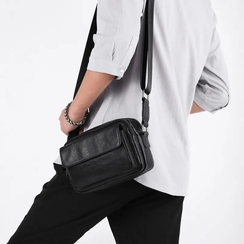 Old Man's Head Top Grain Cow Leather Shoulder Bag Crossbody Bag Regular Men's Black-5