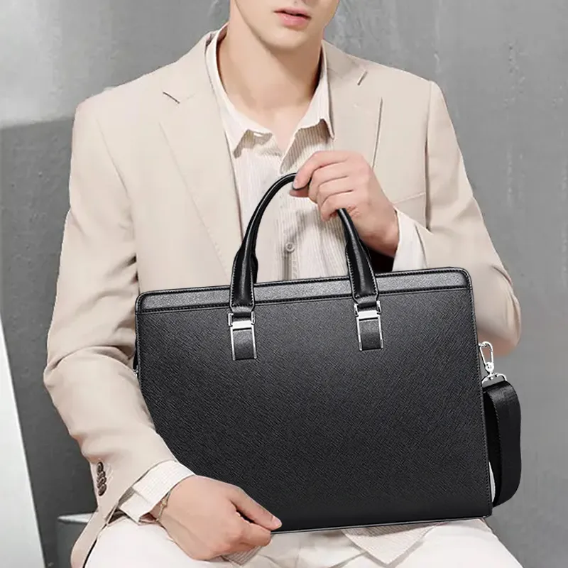 Old Man's Head Cow Split Leather Briefcases Men's Black-3
