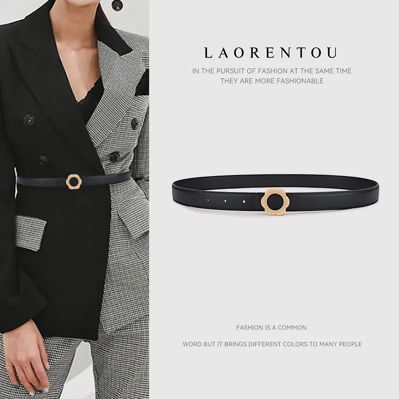 Old Man's Head New Arrival Small Flower Button Top Grain Cow Leather Leather Belts Women's Black 2.4cm-4