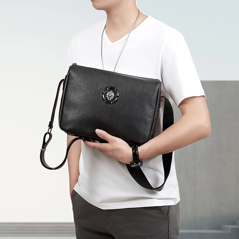 Old Man's Head Top Grain Cow Leather Shoulder Bag, Crossbody Bag Regular Men's Black-8