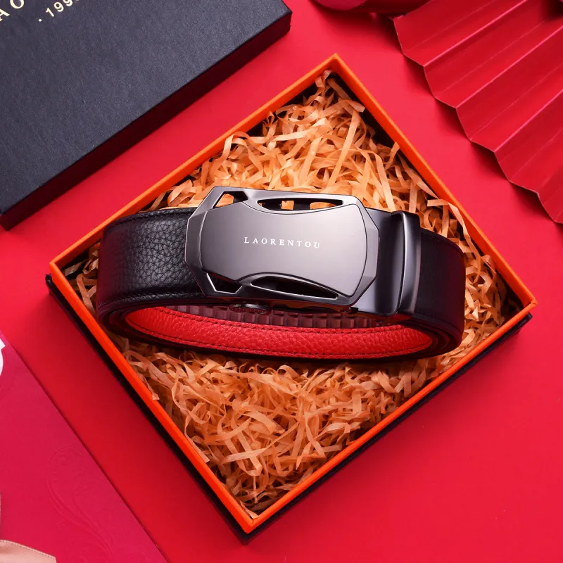 Old Man's Head Top Grain Cow Leather Leather Belts Men's Black On The Outside Red On The Inside 3.5cm-3