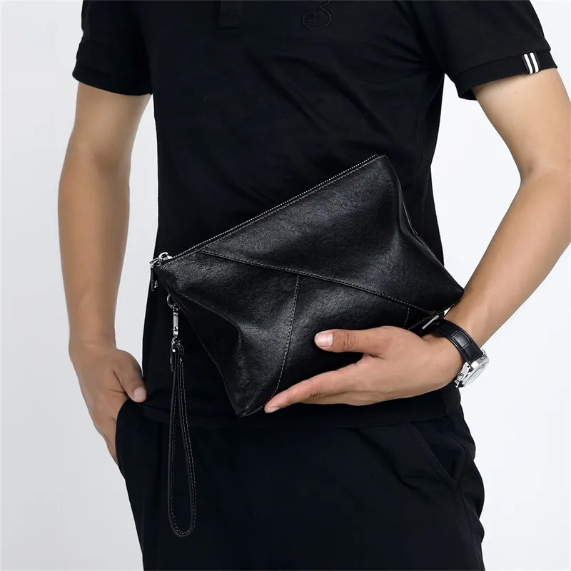 Old Man's Head Top Grain Cow Leather Clutch Wrist Bag Regular Men's Black-6