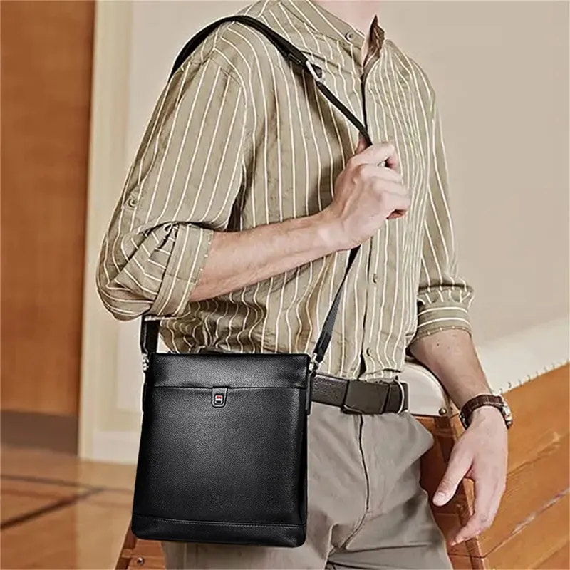 Old Man's Head Top Grain Cow Leather Shoulder Bag, Crossbody Bag Regular Men's Black-3