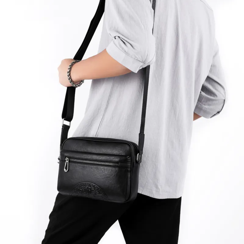 Old Man's Head Cow Leather Small Backpack, Shoulder Bag, Crossbody Bag Men's Black-4