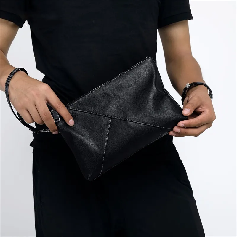 Old Man's Head Top Grain Cow Leather Clutch Wrist Bag Regular Men's Black-7