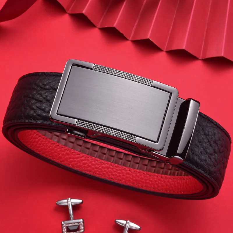 Old Man's Head Top Grain Cow Leather Leather Belts Men's Black On The Outside Red On The Inside Width  3.5cm-1
