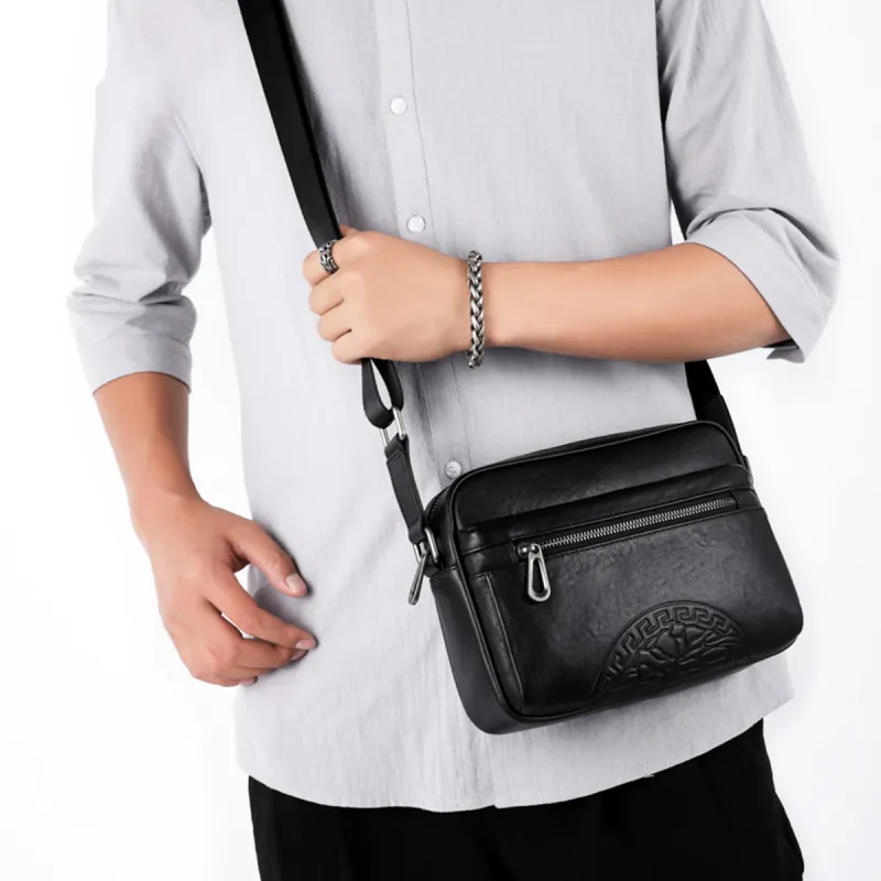 Old Man's Head Cow Leather Small Backpack, Shoulder Bag, Crossbody Bag Men's Black-5