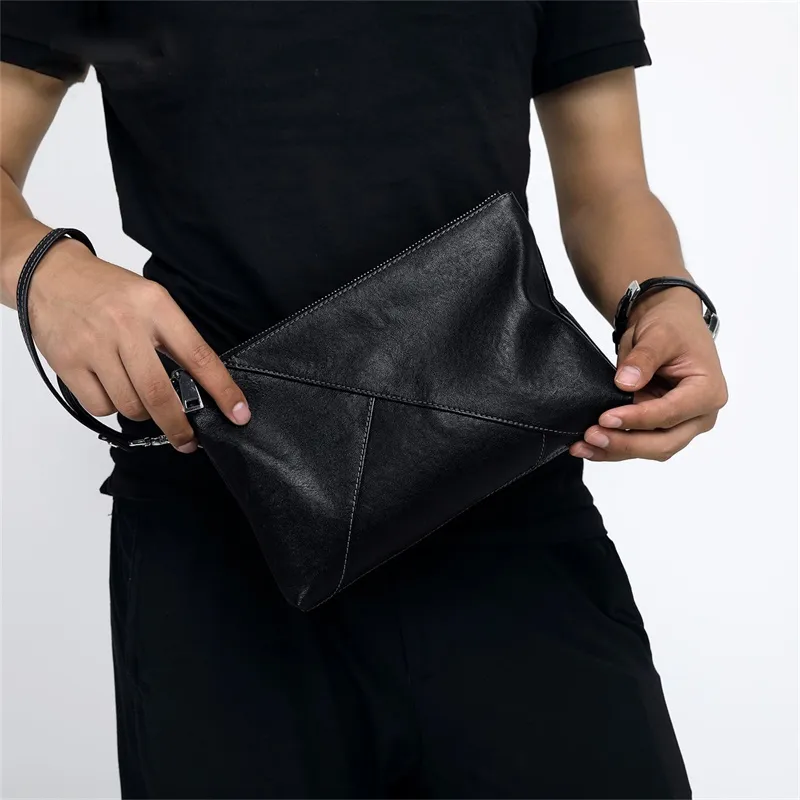 Old Man's Head Top Grain Cow Leather Clutch Wrist Bag Regular Men's Black-5